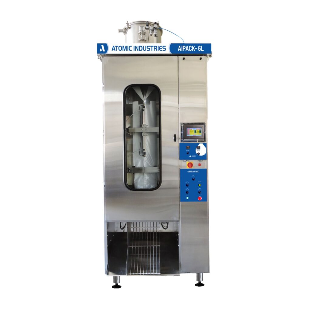 Automatic Vertical Form Fill Seal (VFFS) liquid packaging machine, stainless steel construction, 2000 to 6000ml capacity.