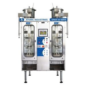 Automatic AIPACK-MAX dual-head liquid packaging machine. Stainless steel VFFS filler for high-speed dairy and beverage production, capacity 75ml to 1000ml.