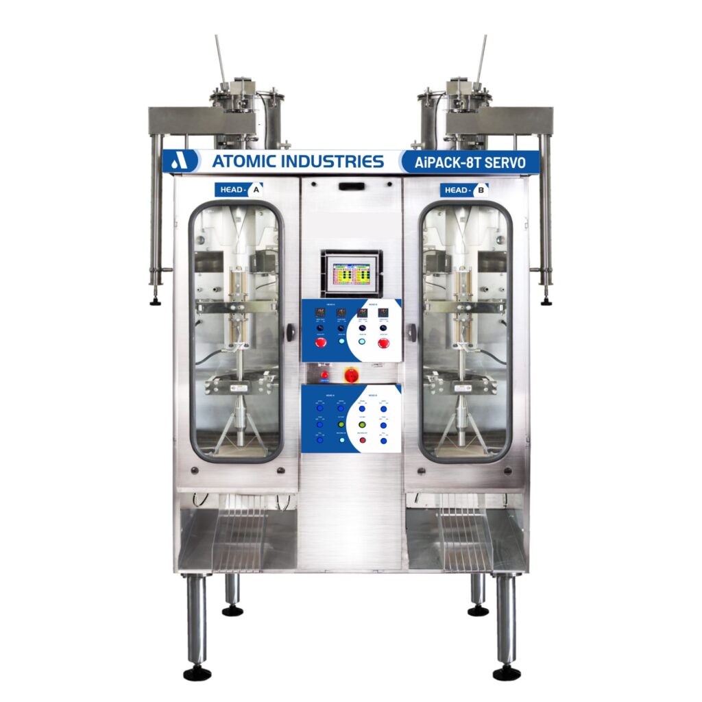 Automatic AIPACK-ULTRA high-speed liquid packaging machine for dairy and beverage industry. Stainless steel VFFS filler with 150ml to 1000ml pouch capacity.
